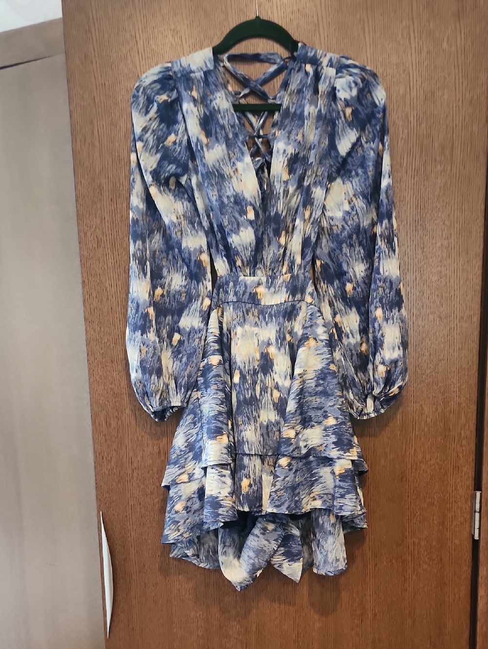 Blue & Cream Printed Long-Sleeve Ruffled Mini Dress
